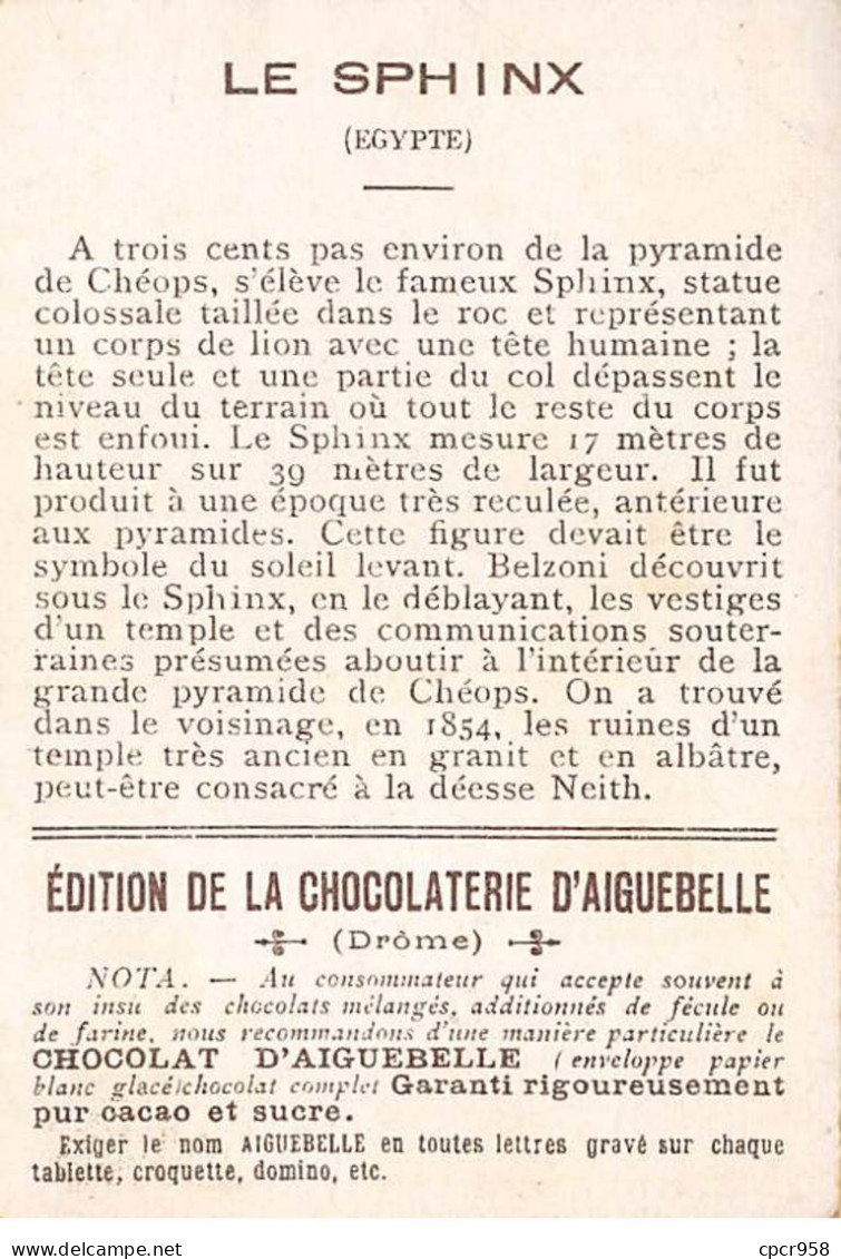 Chromos -COR10881 - Chocolat D'Aiguebelle- Le Sphinx- Egypte -  7x10cm Env. - Aiguebelle