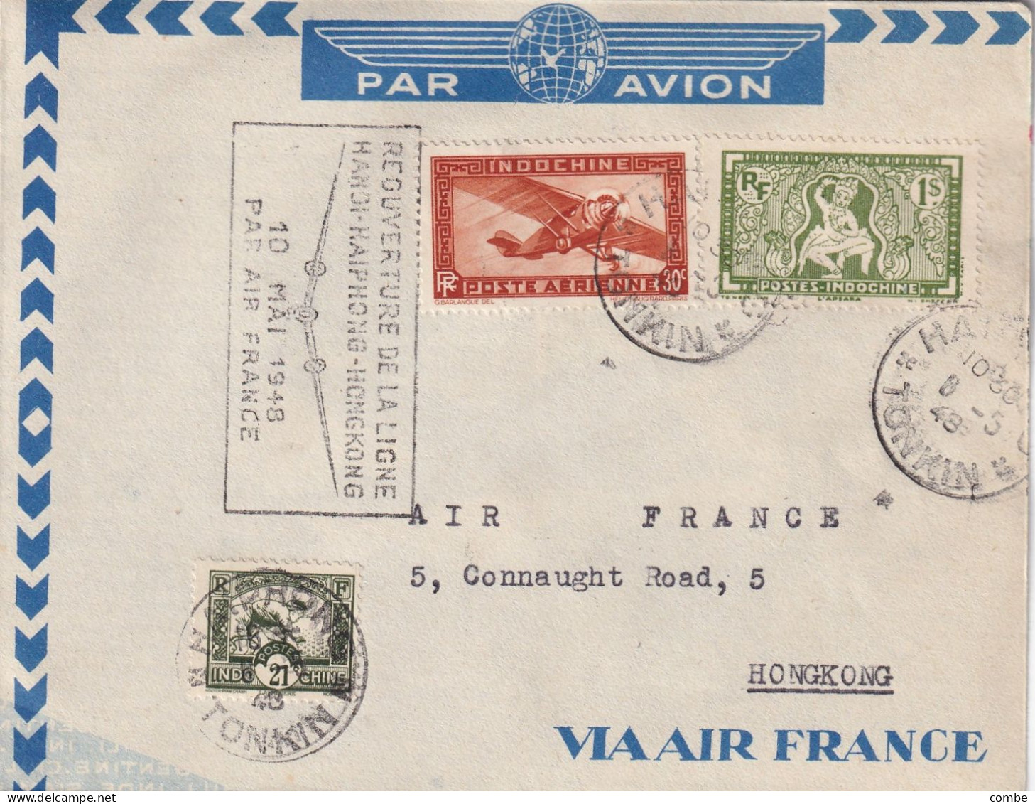 LETTRE INDOCHINE. 8 5 48. PAR AVION REOUVERTURE DE LA LIGNE HANOI-HAIPHONG-HONGKONG PAR AIR FRANCE - Storia Postale