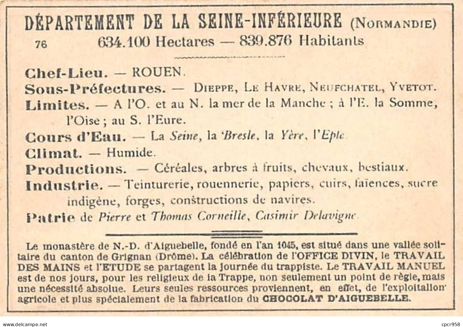 Chromos.AM14586.6x9 Cm Environ.Chocolat Aiguebelle.N°76.Carte Seine-Inférieure.Rouen.Le Havre.Dieppe.Gournay.Etretat - Aiguebelle