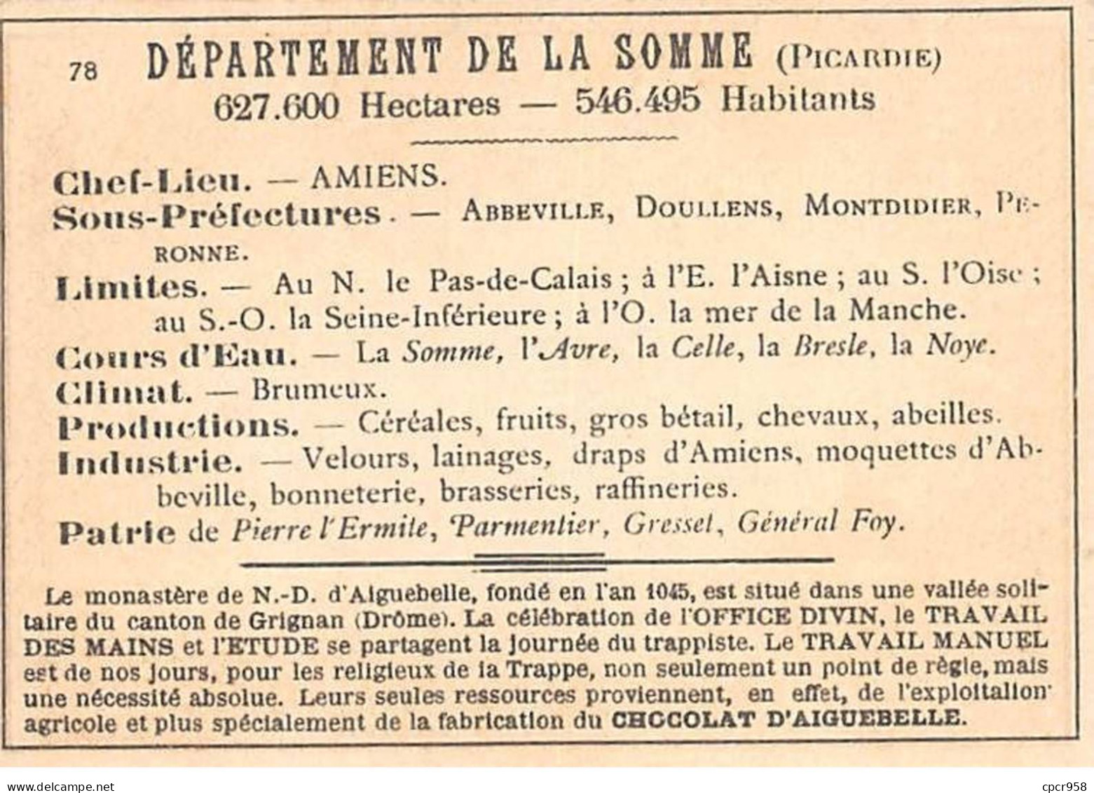 Chromos.AM14584.6x9 Cm Environ.Chocolat Aiguebelle.N°78.Carte Somme.Abbeville.Ham.Amiens.St Valéry - Aiguebelle
