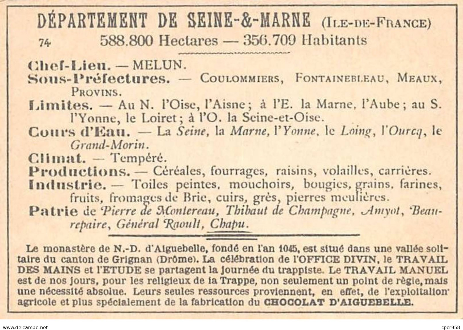 Chromos.AM14588.6x9 Cm Environ.Chocolat Aiguebelle.N°74.Carte Seine Et Marne.Coulommiers.Provins.Meaux.Lagny - Aiguebelle