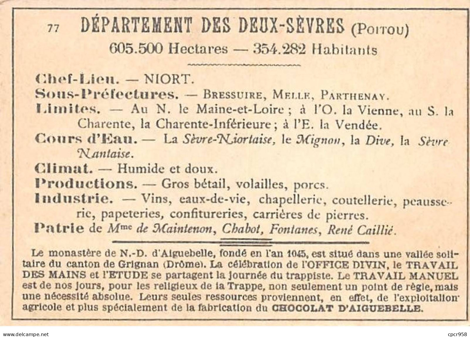 Chromos.AM14585.6x9 Cm Environ.Chocolat Aiguebelle.N°77.Carte Deux Sèvres.Niort.Thouars.Bressuire.Parthenay - Aiguebelle