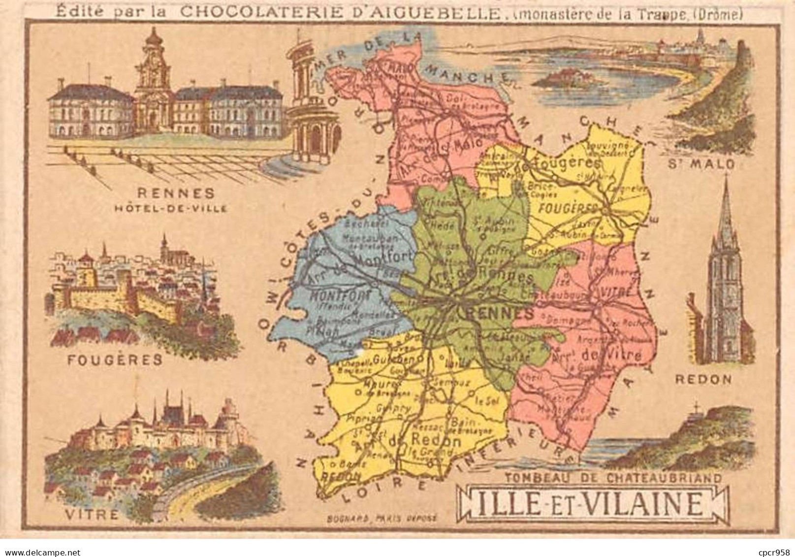 Chromos.AM14580.6x9 Cm Environ.Chocolat Aiguebelle.N°35.Carte Ille Et Vilaine.Rennes.St Malo.Vitré.Fougères.Redon... - Aiguebelle