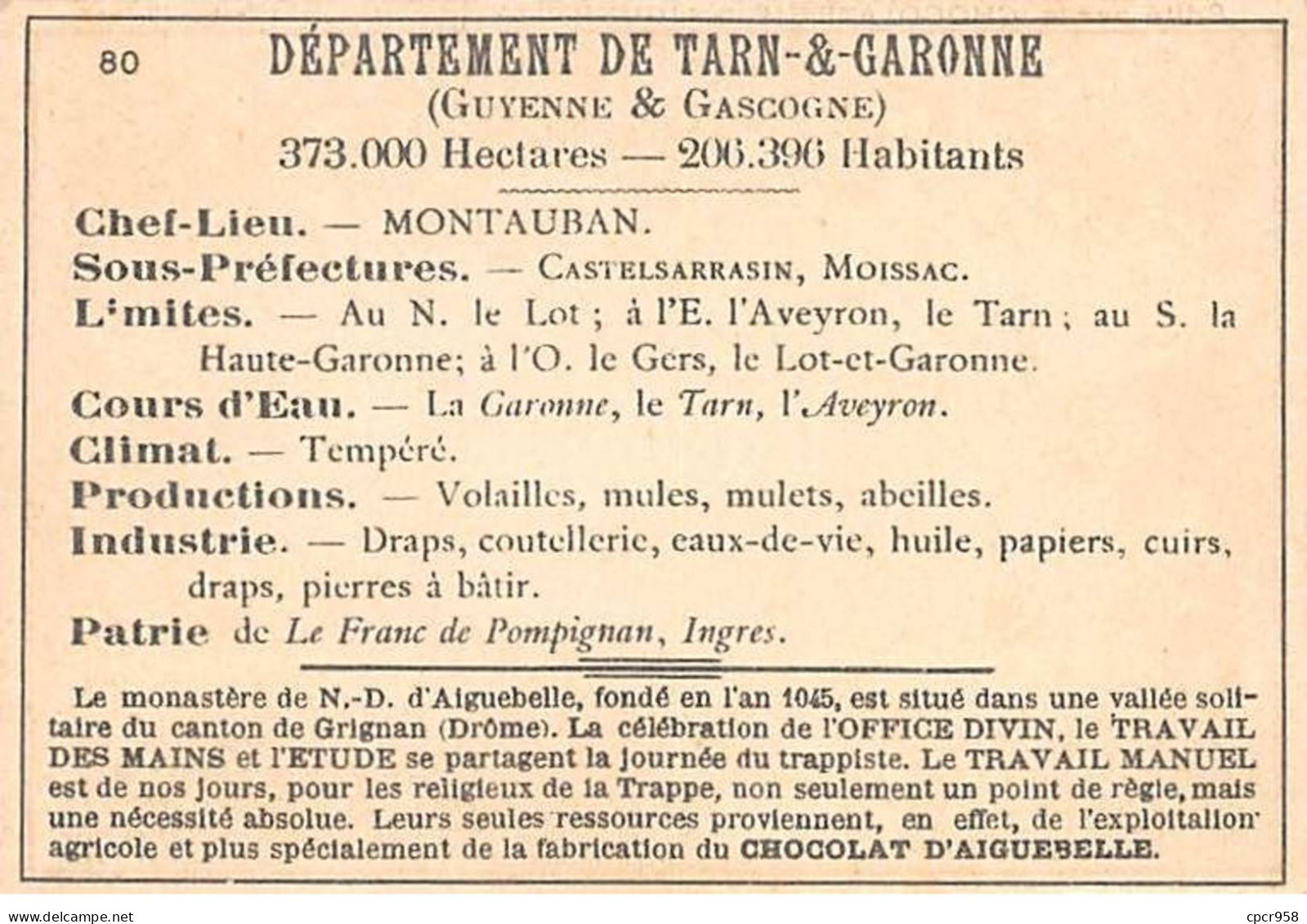 Chromos.AM14582.6x9 Cm Environ.Chocolat Aiguebelle.N°80.Carte Tarn Et Garonne.Montauban.Ingres.Bruniquel - Aiguebelle