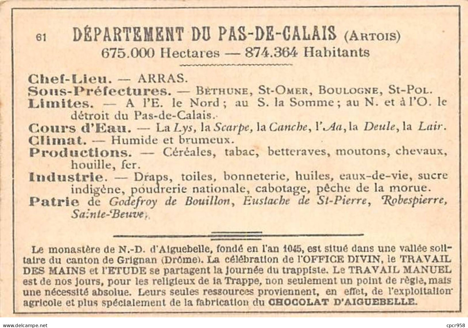 Chromos.AM14573.6x9 Cm Environ.Chocolat Aiguebelle.N°61.Carte Pas-de-calais.Boulogne Sur Mer.Arras.Bapaume.Béthune - Aiguebelle