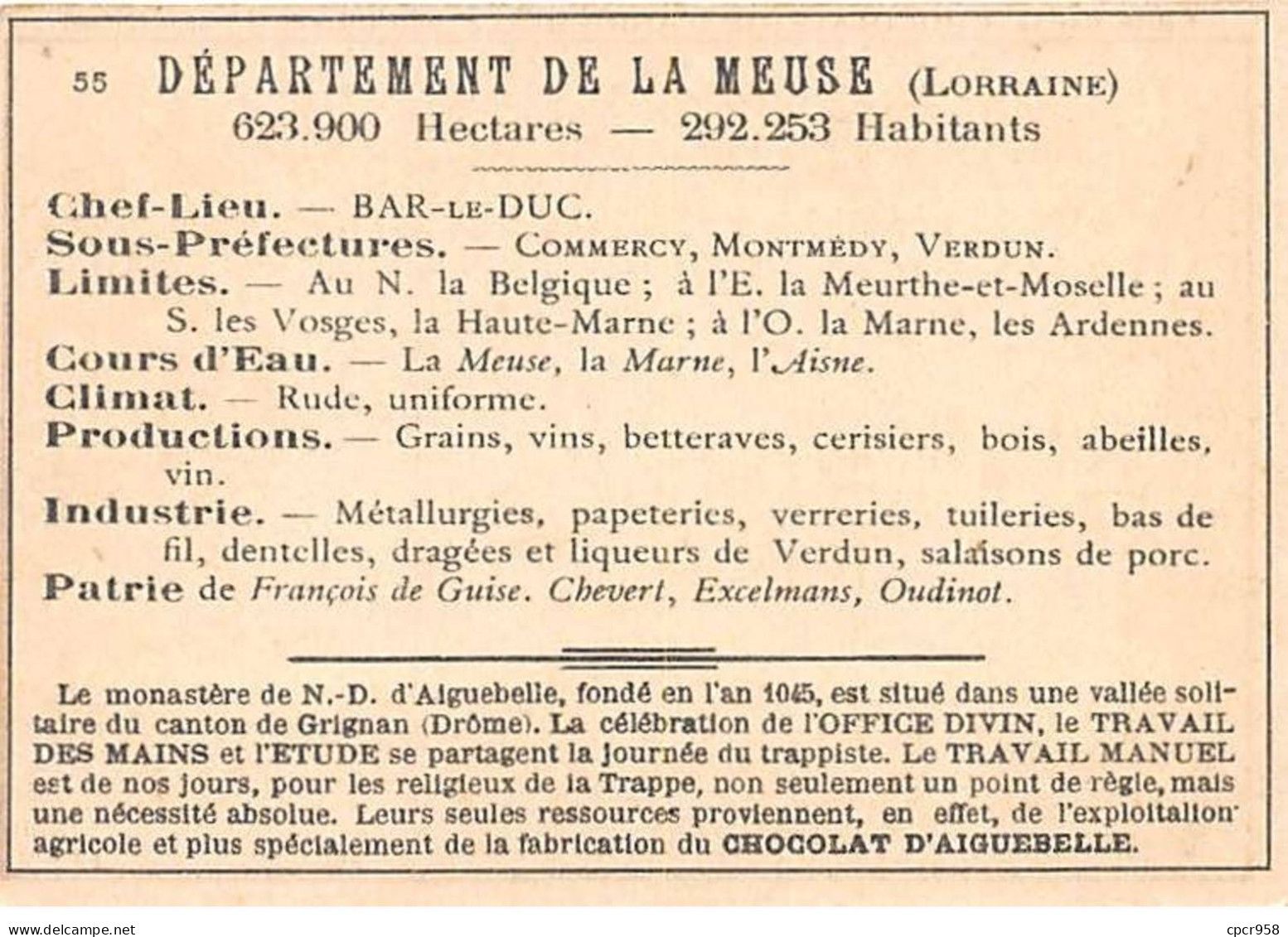 Chromos.AM14563.6x9 Cm Environ.Chocolat Aiguebelle.N°55.Meuse.Bar-le-duc.St-Michel.Commercy.St Etienne.Trémont.Montbras - Aiguebelle