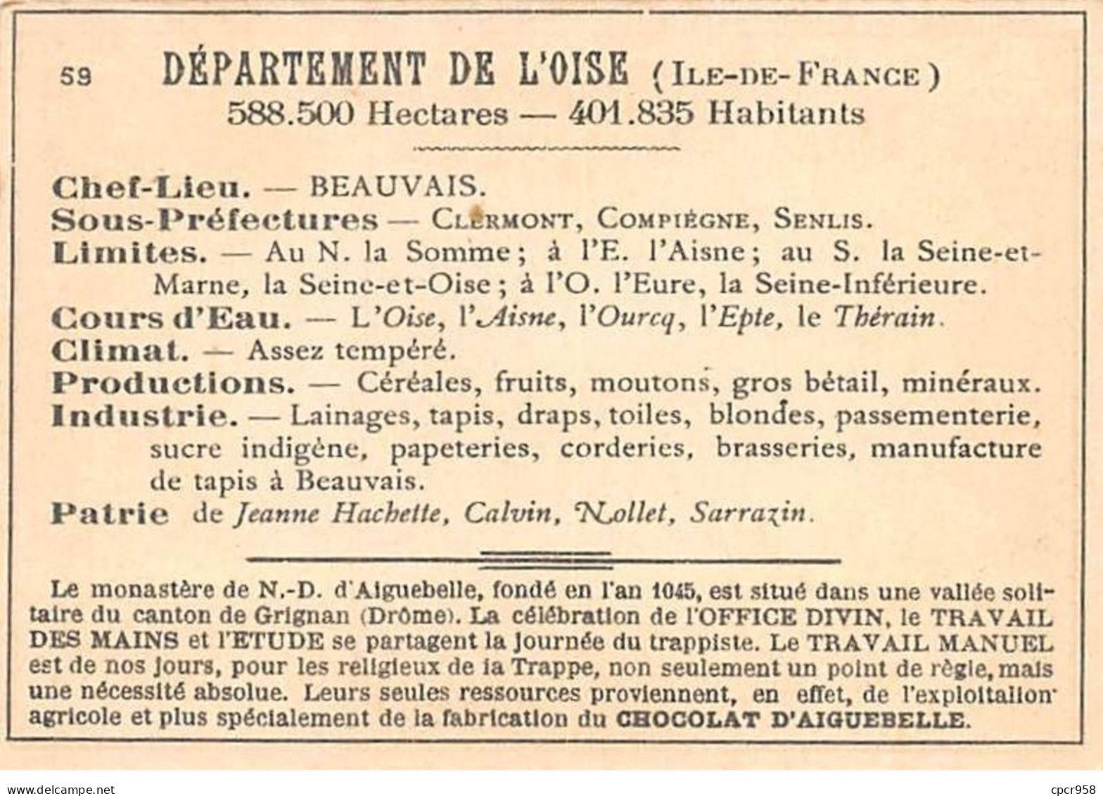 Chromos.AM14564.6x9 Cm Environ.Chocolat Aiguebelle.N°59.Carte Oise.Beauvais.Pierrefonds.Ermenonville.Senlis.Compiègne... - Aiguebelle