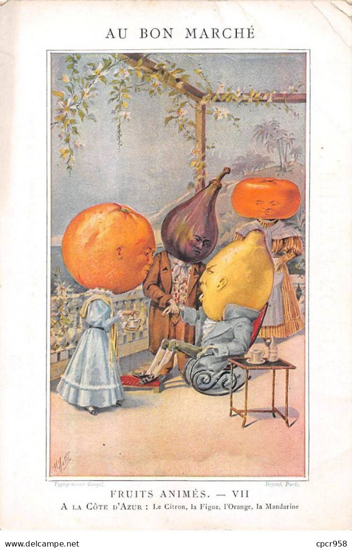 Chromos.AM16788.11x16 Cm Environ.Au Bon Marché.Fruits Animés.VII.A La Côte D'azur : Citron, Figue, Orange, Mandarine - Au Bon Marché