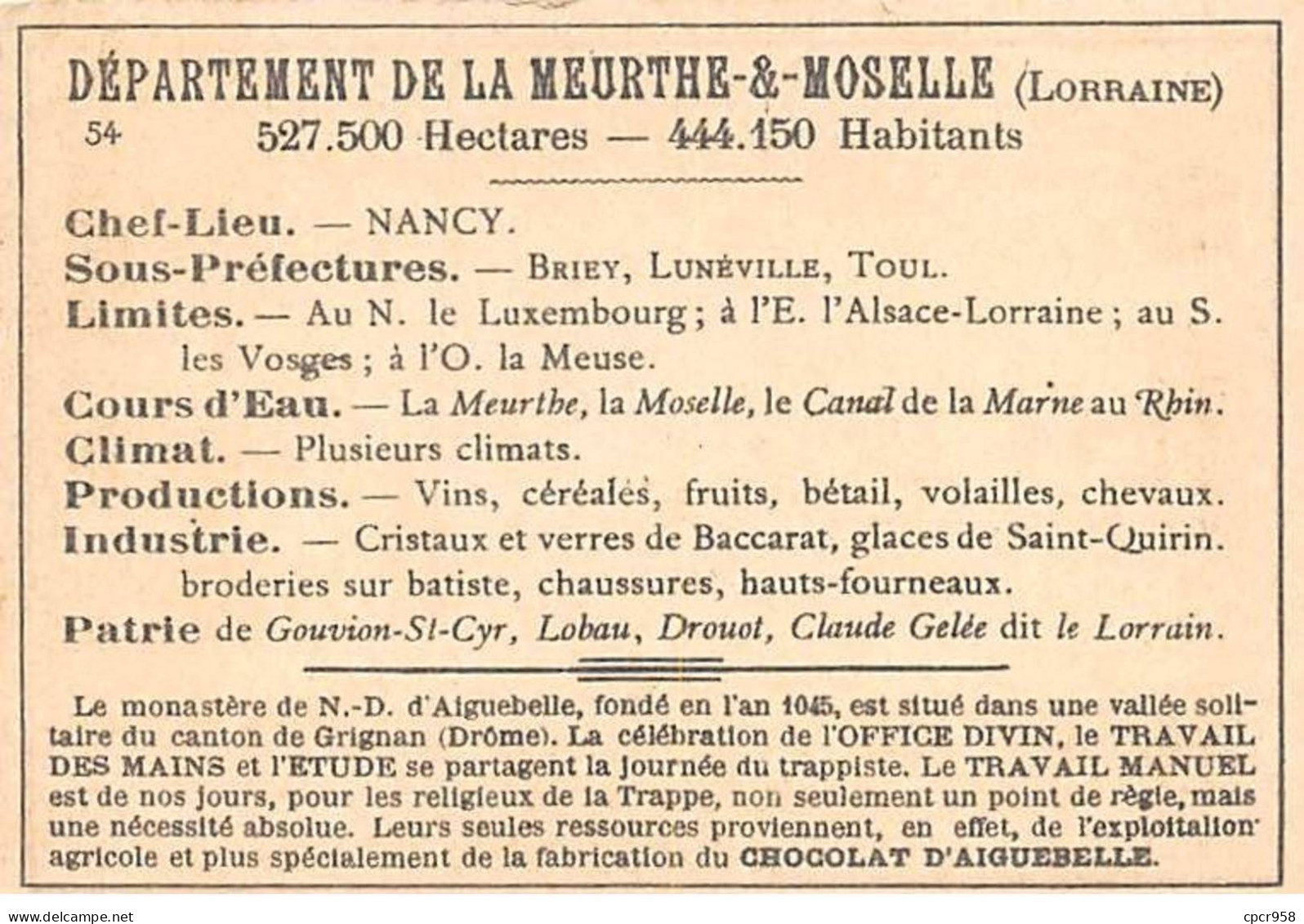 Chromos.AM14562.6x9 Cm Environ.Chocolat Aiguebelle.N°54.Carte Meurthe Et Moselle.Nancy.Lunéville.Toul - Aiguebelle