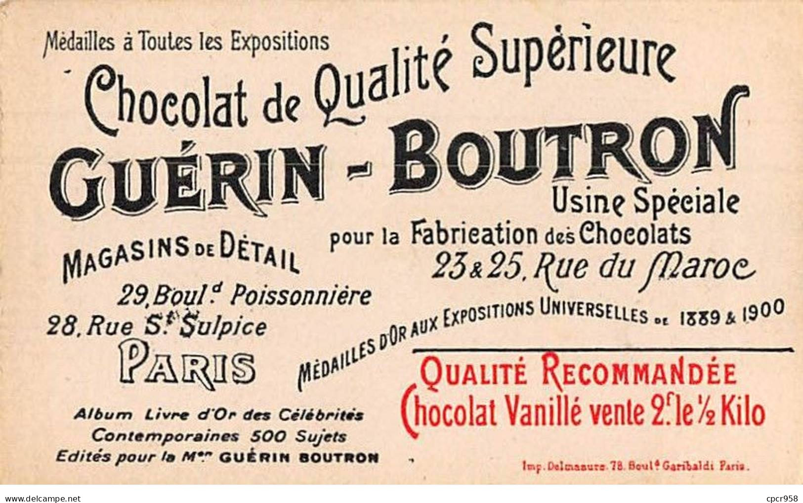 Chromos -COR11601 - Chocolat Guérin-Boutron - Coquelin Cadet - Comédie Française -  6x10cm Env. - Guerin Boutron