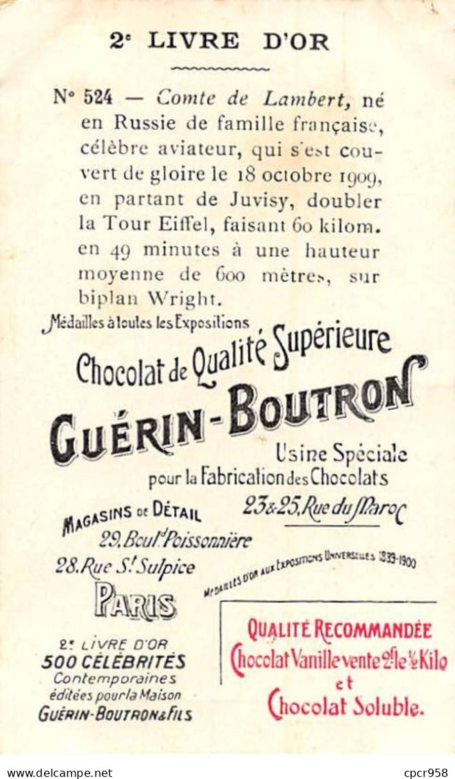 Chromos -COR11577 - Chocolat Guérin-Boutron- Comte De Lambert - Aviateur -  6x10cm Env. - Guerin Boutron