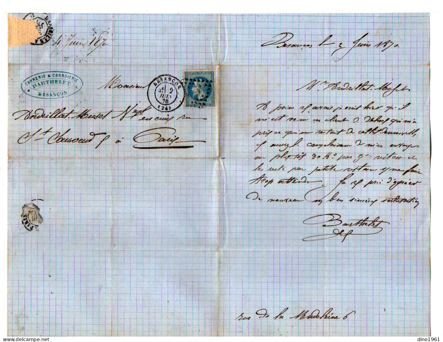 VP23.105 - 1870 - Lettre Commerciale - Tannerie & Corroierie - M. BARTHELLET à BESANCON Pour PARIS - 1800 – 1899