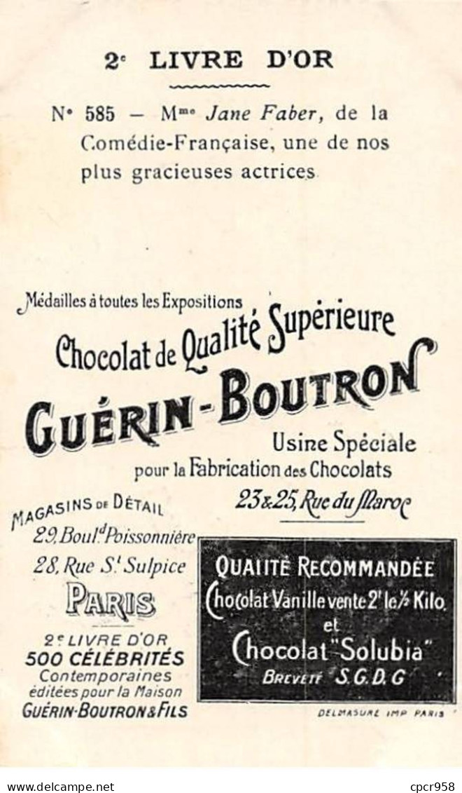 Chromos -COR11382 - Chocolat Guérin-Boutron - Jane Faber - Comédie Française  -  10x6cm Env. - Guerin Boutron