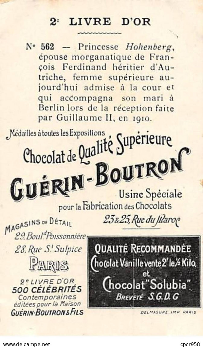 Chromos -COR11368 - Chocolat Guérin-Boutron - Princesse Hohenberg -  10x6cm Env. - Guérin-Boutron
