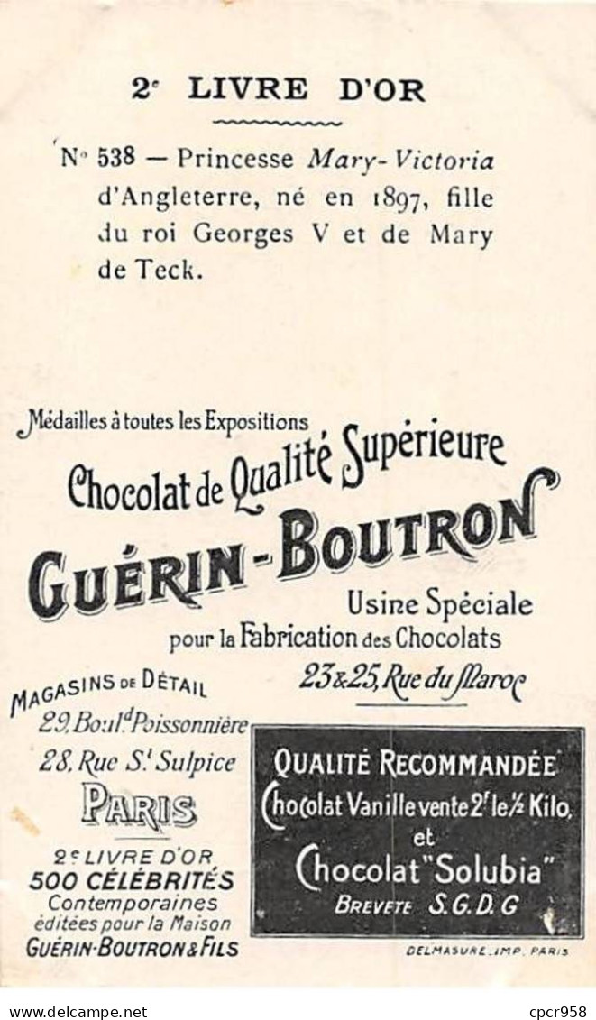 Chromos -COR11360 - Chocolat Guérin-Boutron - Princesse Mary Victoria D'Angleterre -  10x6cm Env. - Guérin-Boutron