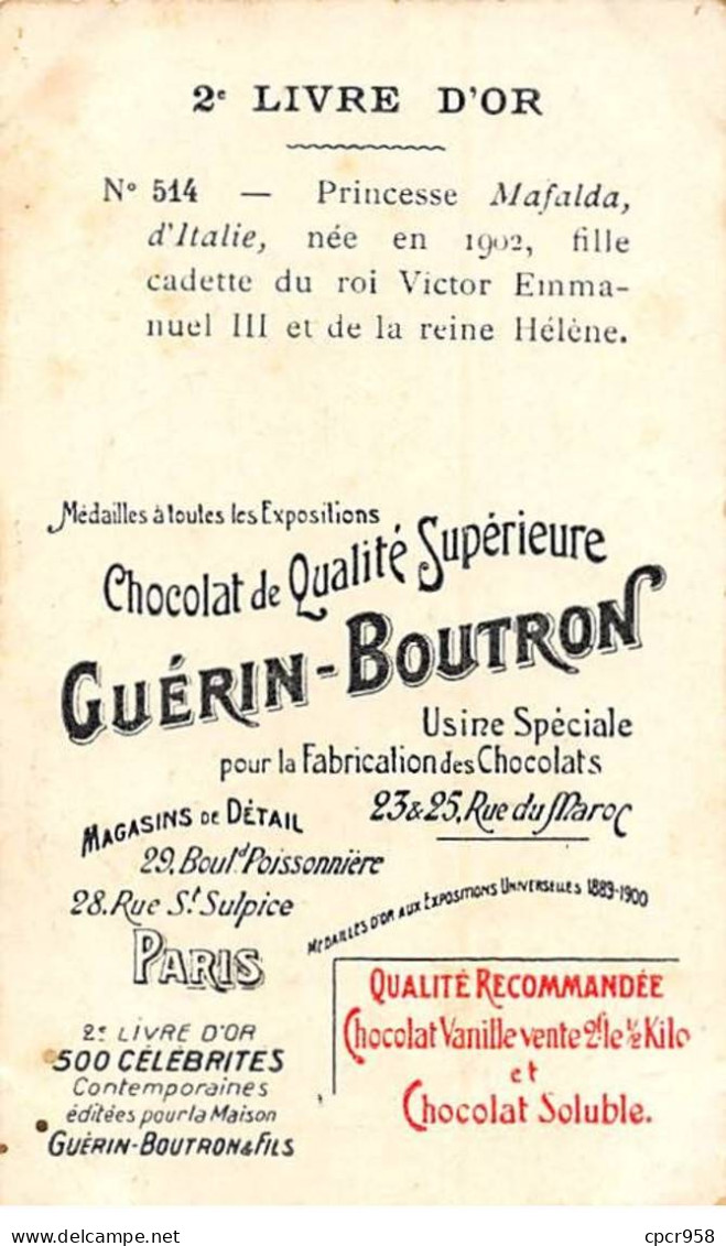 Chromos -COR11348 - Chocolat Guérin-Boutron - Princesse Mafalda D'Italie  - 10x6cm Env. - Guérin-Boutron