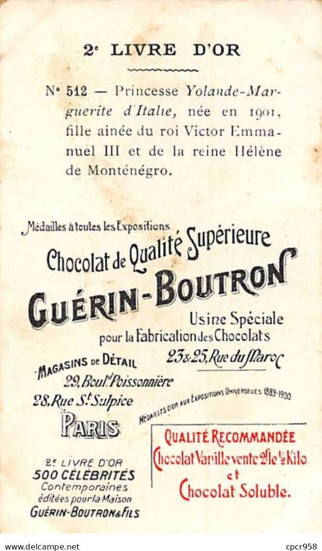 Chromos -COR11346 - Chocolat Guérin-Boutron - Princesse Yolande Marguerite D'Italie  - 10x6cm Env. - Guérin-Boutron