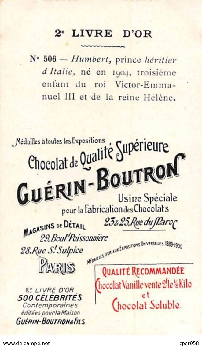 Chromos -COR11342 - Chocolat Guérin-Boutron - Prince Humbert - Héritier D'Italie - 10x6cm Env. - Guérin-Boutron