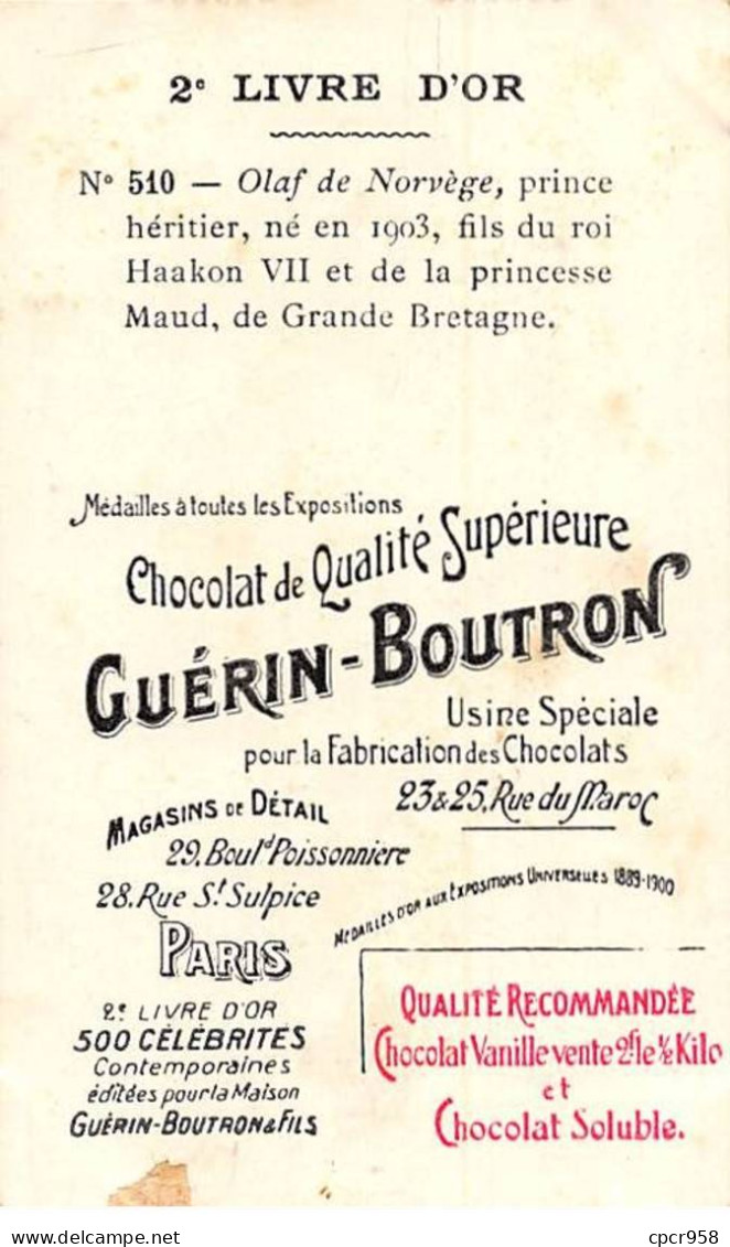 Chromos -COR11344 - Chocolat Guérin-Boutron - Prince Olaf - Héritier De Norvège  - 10x6cm Env. - Guérin-Boutron