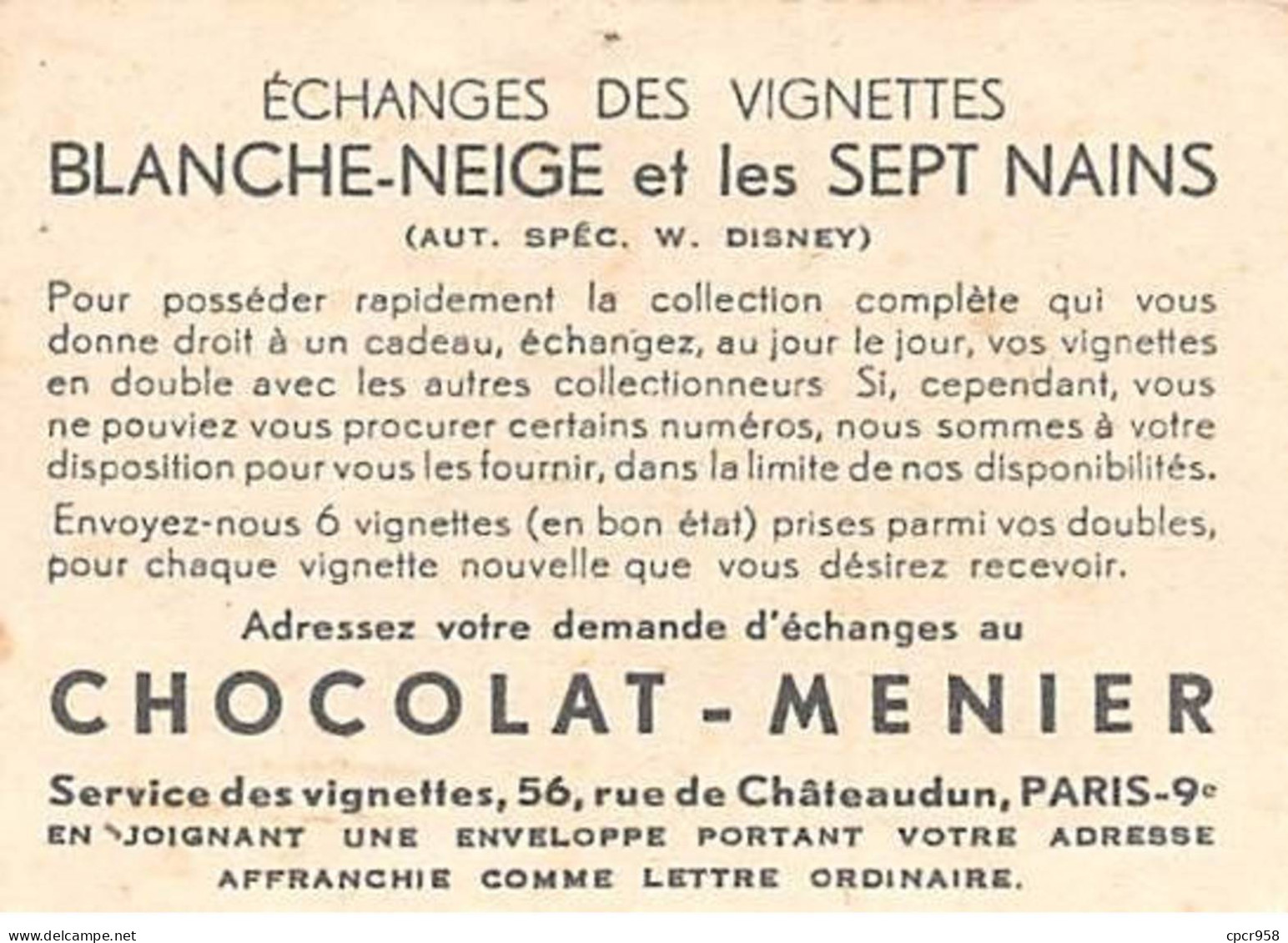 Chromos -COR11276- Chocolat Menier - Blanche-Neige Et Les Sept Nains- Nains- Pioches - 7x5cm Env. - Menier