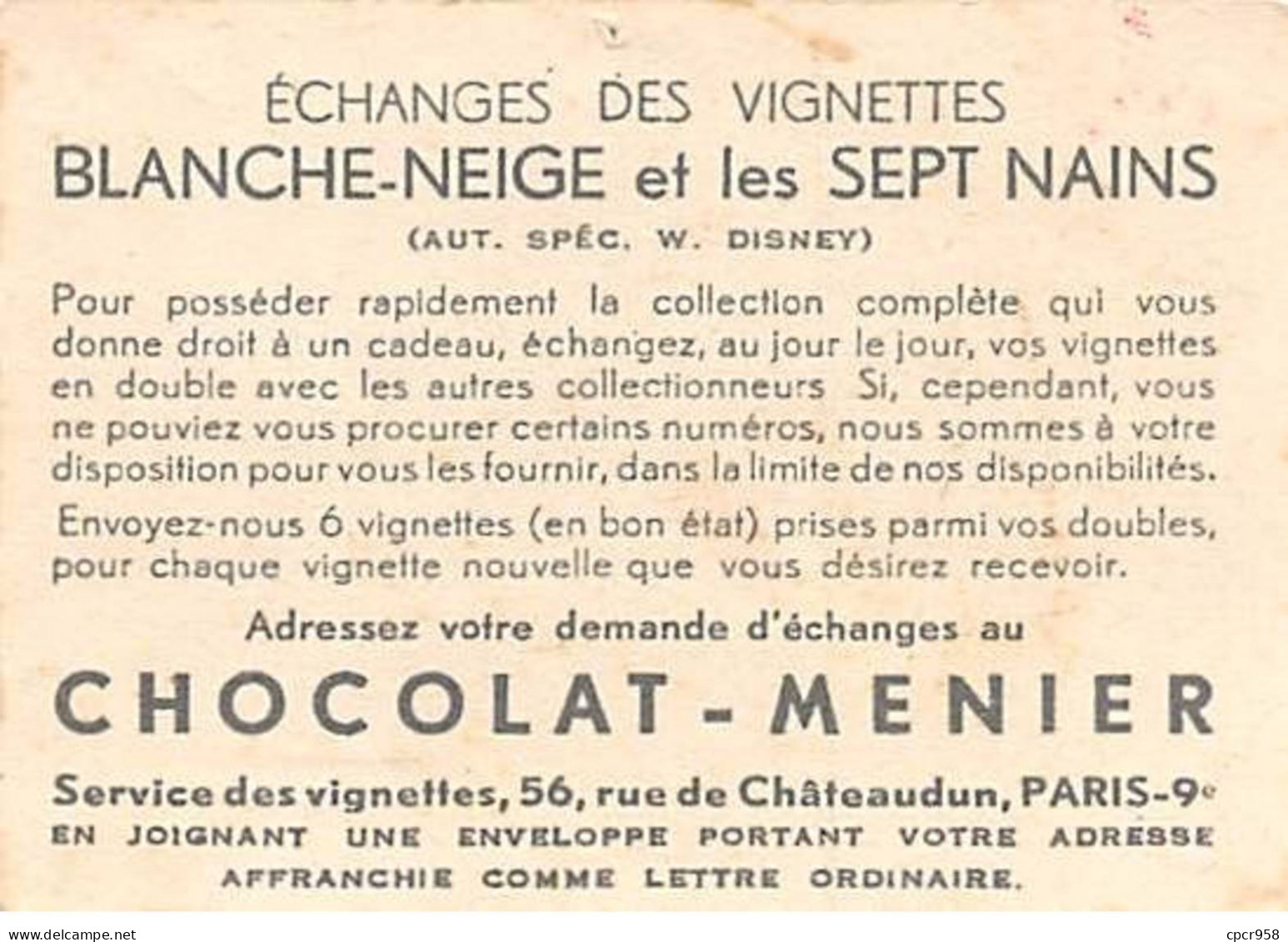 Chromos -COR11280- Chocolat Menier - Blanche-Neige Et Les Sept Nains- Nains- Pioche - 7x5cm Env. - Menier