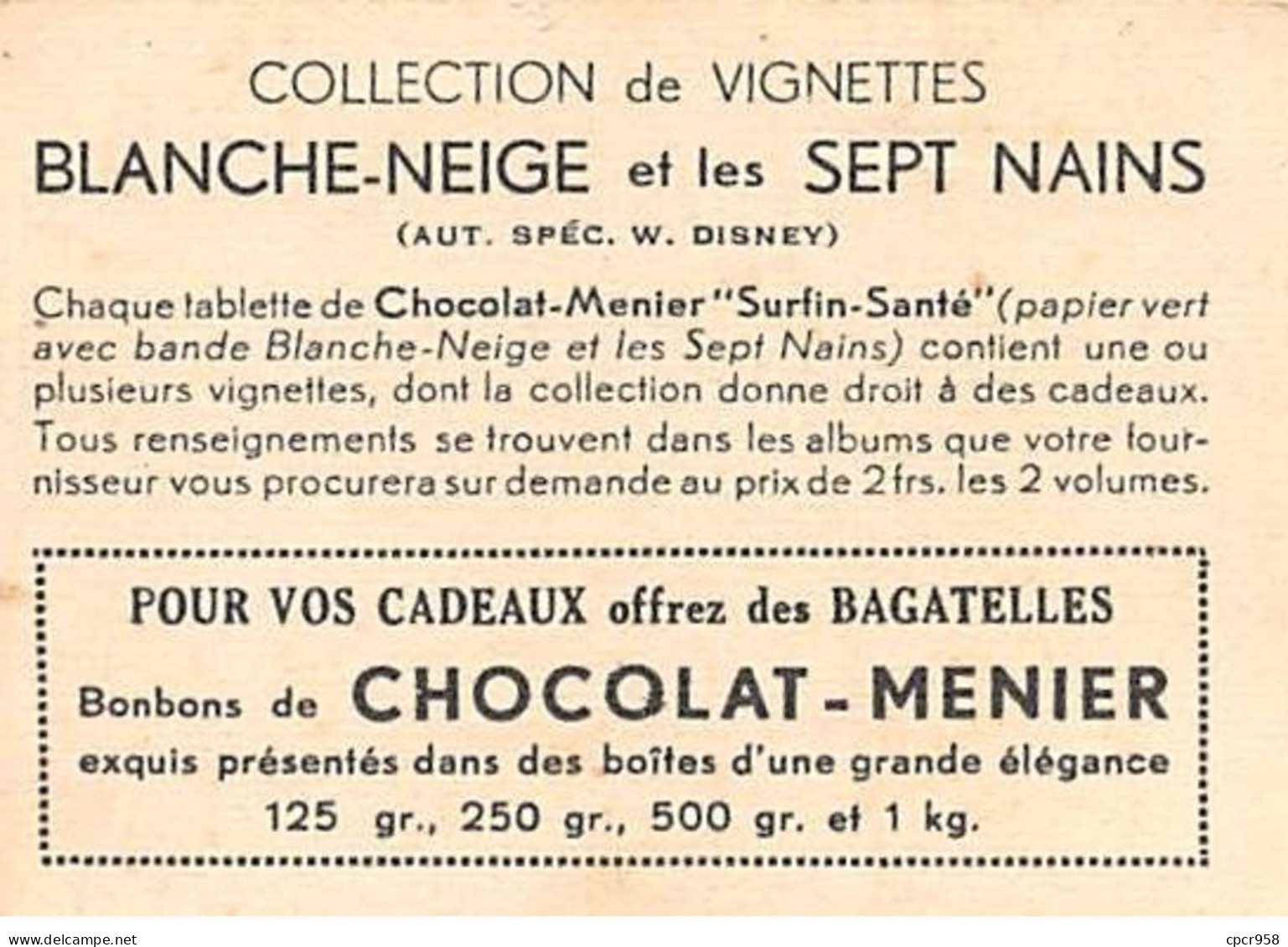 Chromos -COR11277- Chocolat Menier - Blanche-Neige Et Les Sept Nains- Lit - Maison - 7x5cm Env. - Menier