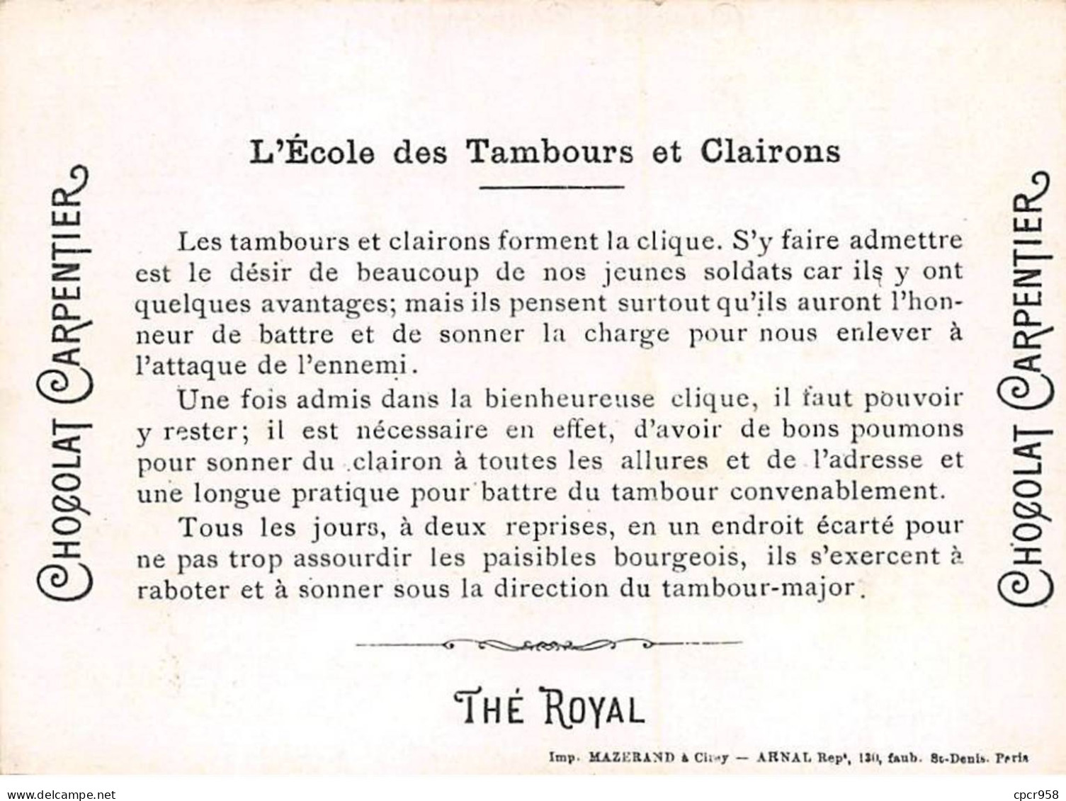 Chromos -COR11248 - Chocolat Carpentier - L'école Des Tambours Et Clairons - Hommes - Soldats -  8x11cm Env. - Sonstige & Ohne Zuordnung