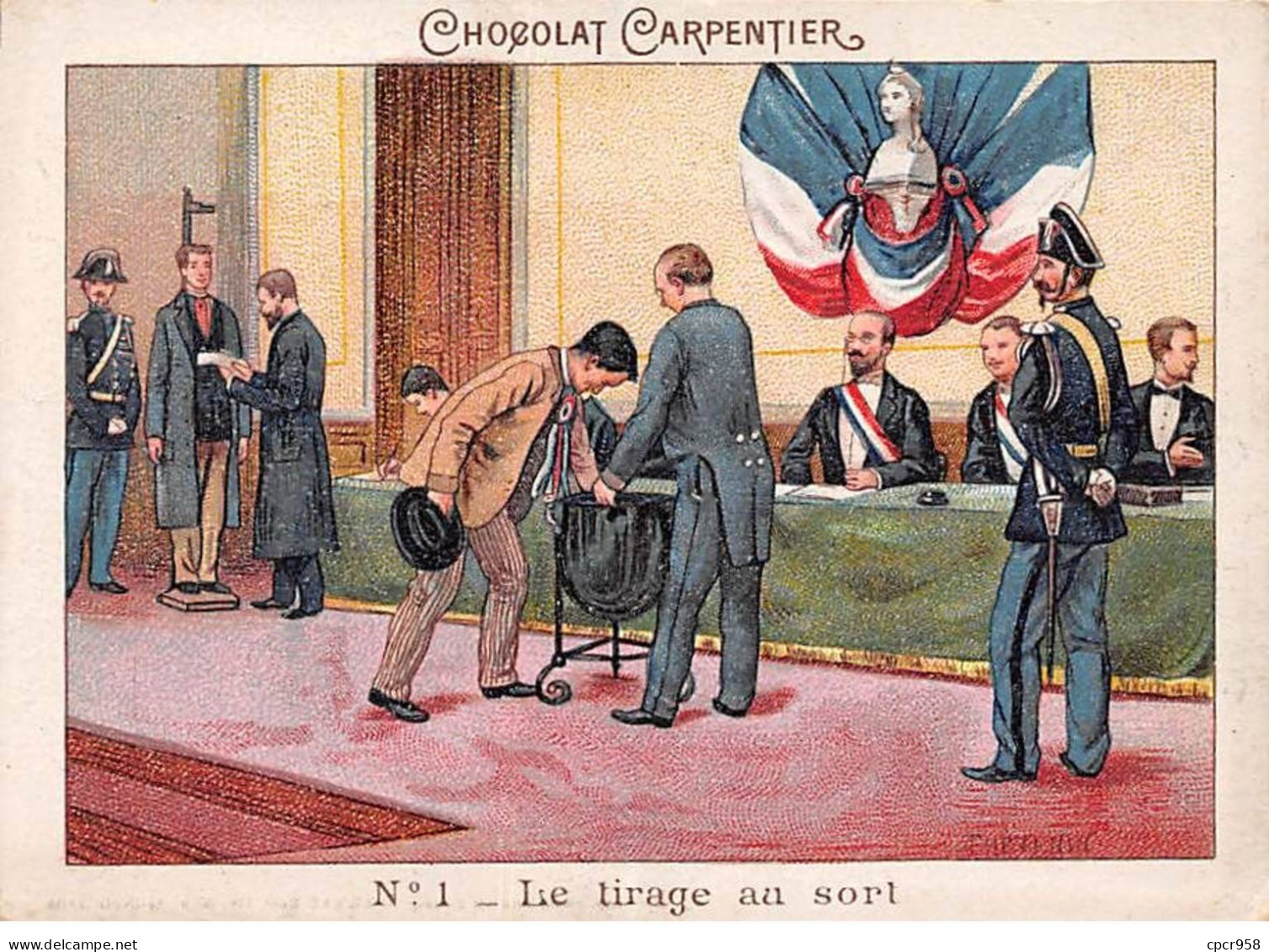 Chromos -COR11241 - Chocolat Carpentier - Le Tirage Au Sort - Hommes -  8x11cm Env. - Otros & Sin Clasificación