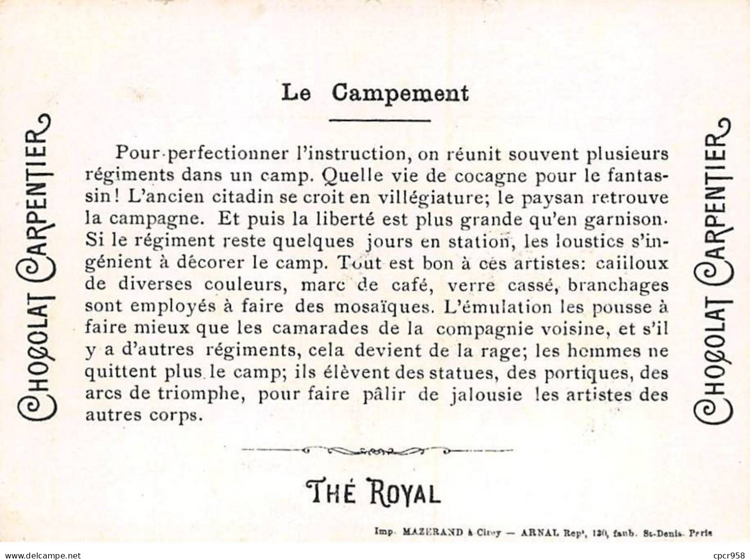 Chromos -COR11251 - Chocolat Carpentier - Le Campement - Hommes - Soldats -  8x11cm Env. - Otros & Sin Clasificación