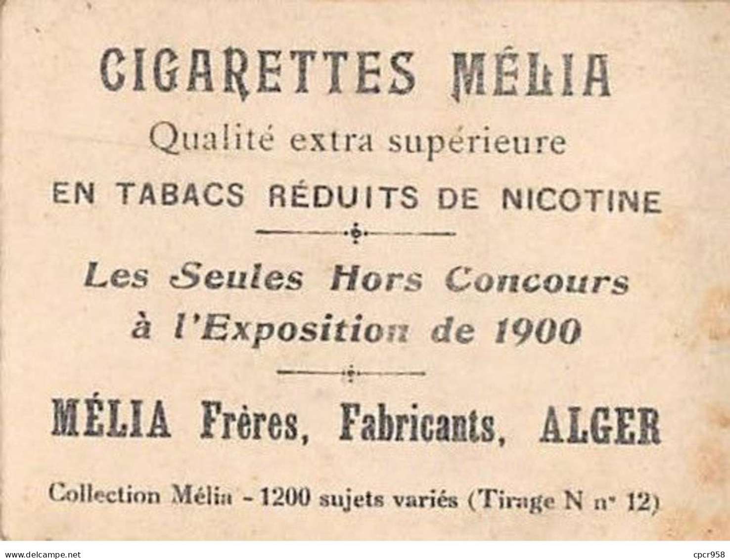 Chromos - COR10021 - Cigarettes Melia - Tabac - Alger - Femme Au Bouquet De Fleurs - 6x5 Cm Environ - Melia