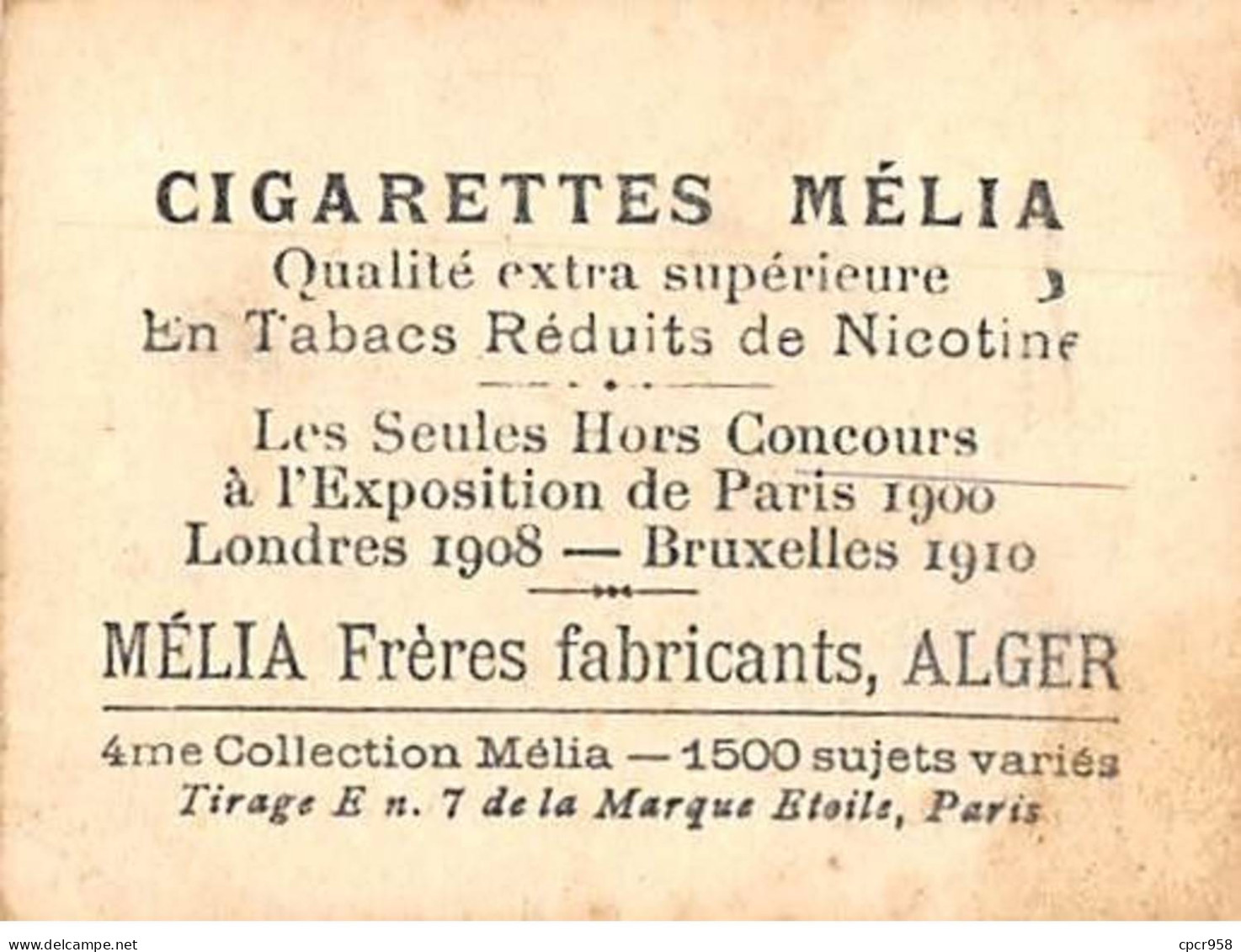 Chromos - COR10018 - Cigarettes Melia- Tabac - Alger - Madia - 6x5 Cm Environ - Melia
