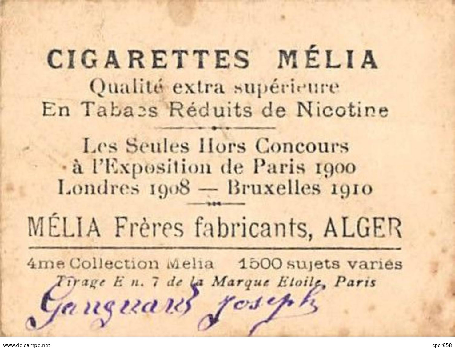 Chromos - COR10022 - Cigarettes Melia - Tabac - Alger - Manuy - 6x5 Cm Environ - Melia