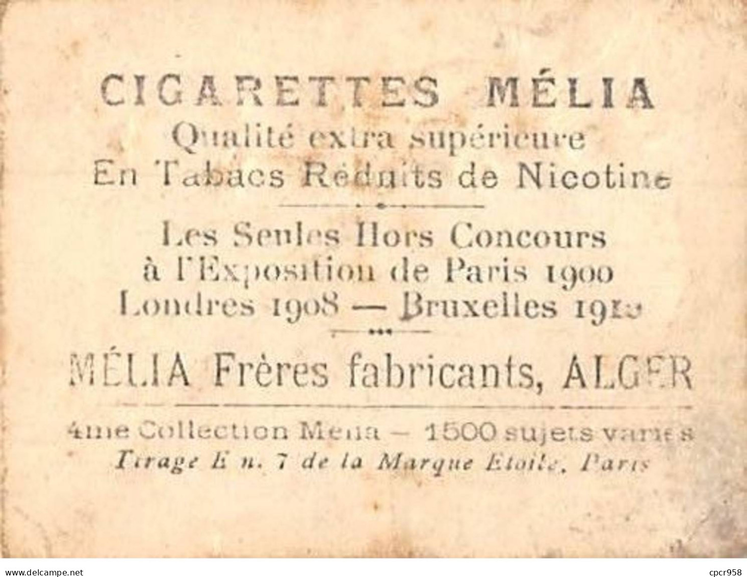 Chromos - COR10012 - Cigarettes Melia- Tabac - Alger - Farrar - 6x5 Cm Environ - Melia