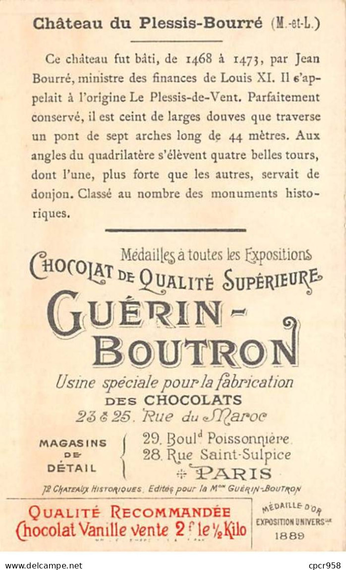 Chromos -COR12071 - Chocolat Guérin-Boutron - Château Du Plessis-Bourré - Maine-et-Loire - 6x11cm Env. - Guerin Boutron