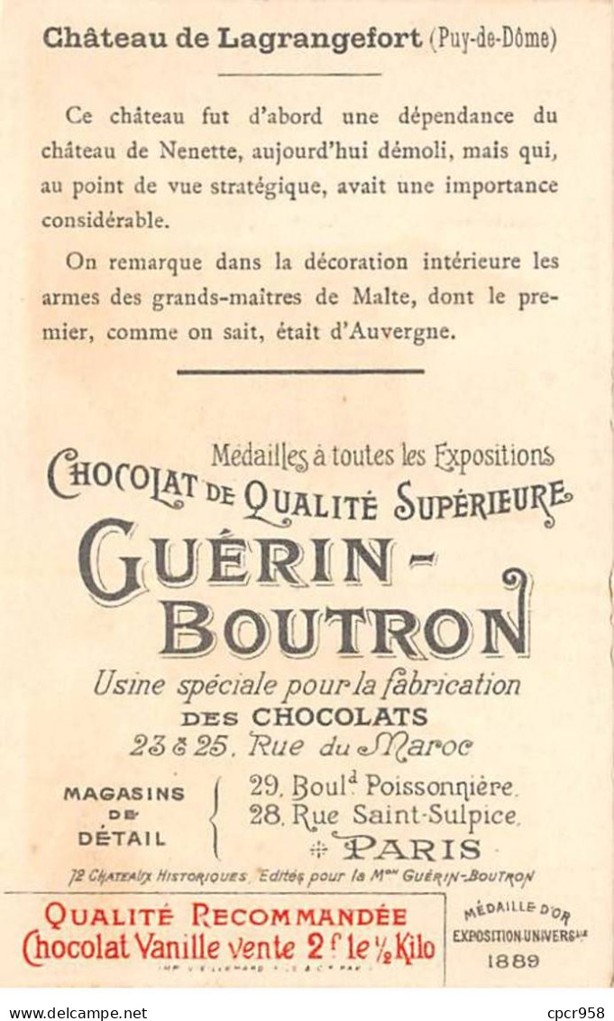 Chromos -COR12066 - Chocolat Guérin-Boutron - Château De Lagrangefort - Puy-de-Dôme - 6x11cm Env. - Guerin Boutron