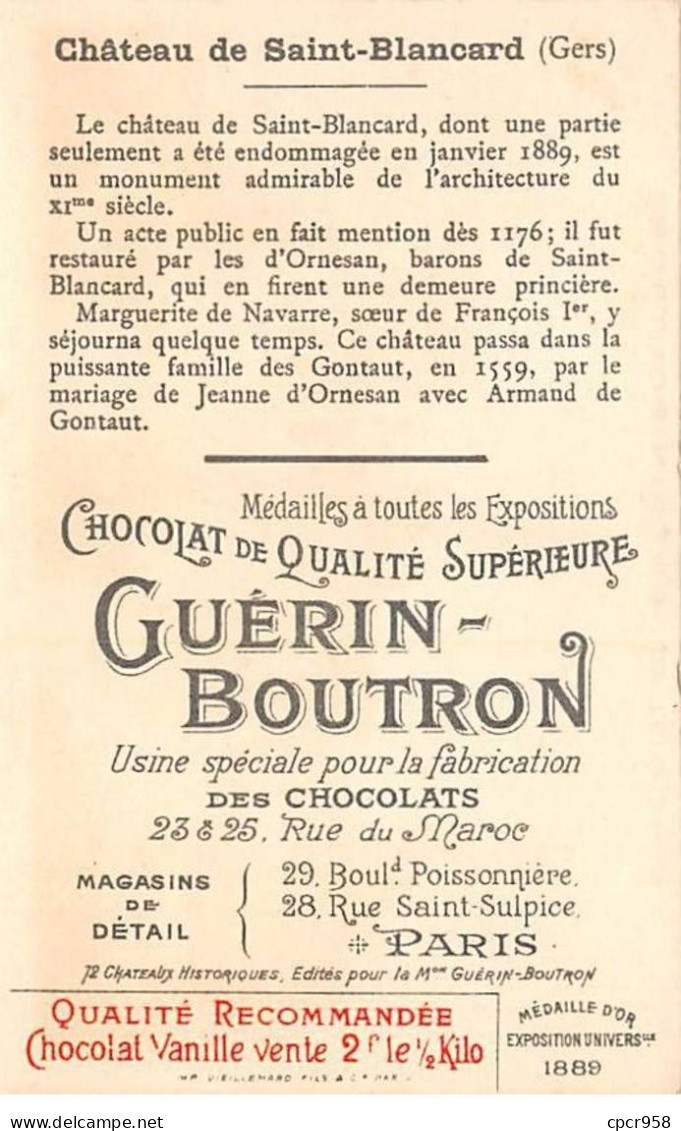 Chromos -COR12062 - Chocolat Guérin-Boutron - Château De Saint-Blancard - Gers - 6x11cm Env. - Guerin Boutron