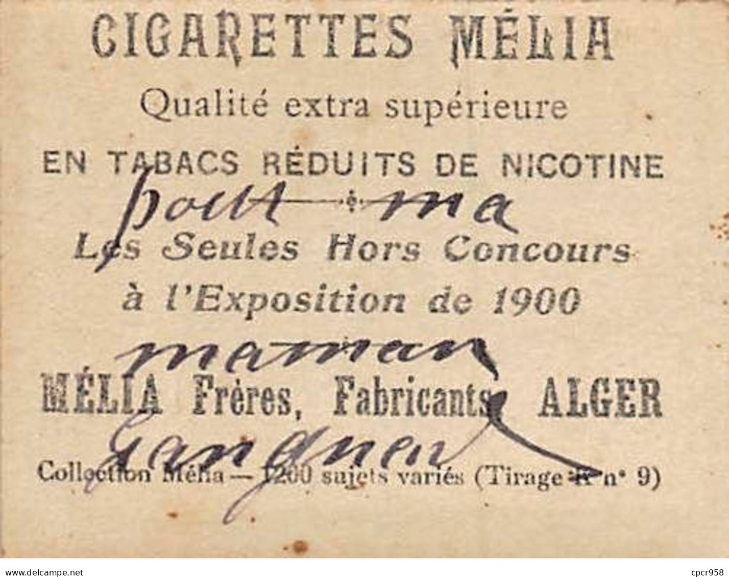 Chromos - COR10002 - Cigarettes Melia - Tabac - Alger - L'OUD M'SILA - 6x5 Cm Environ - Melia