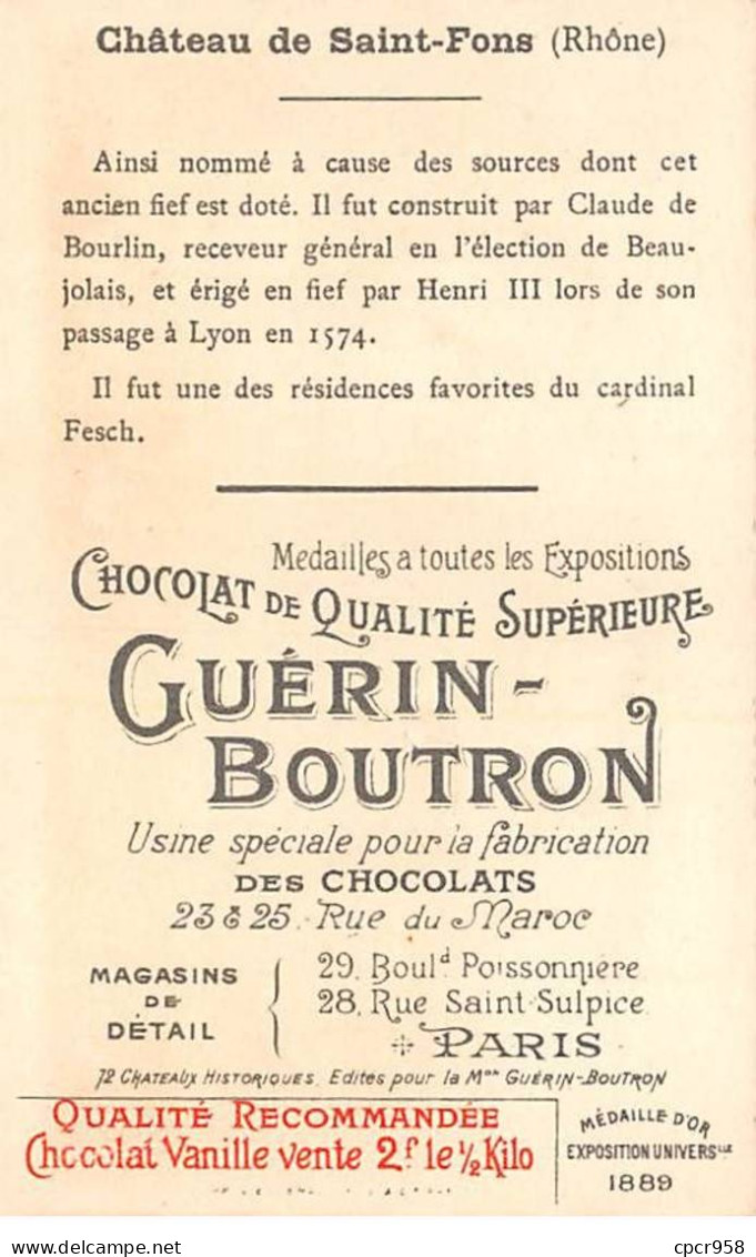 Chromos -COR12056 - Chocolat Guérin-Boutron - Château De Saint-Fons - Rhône - 6x11cm Env. - Guerin Boutron