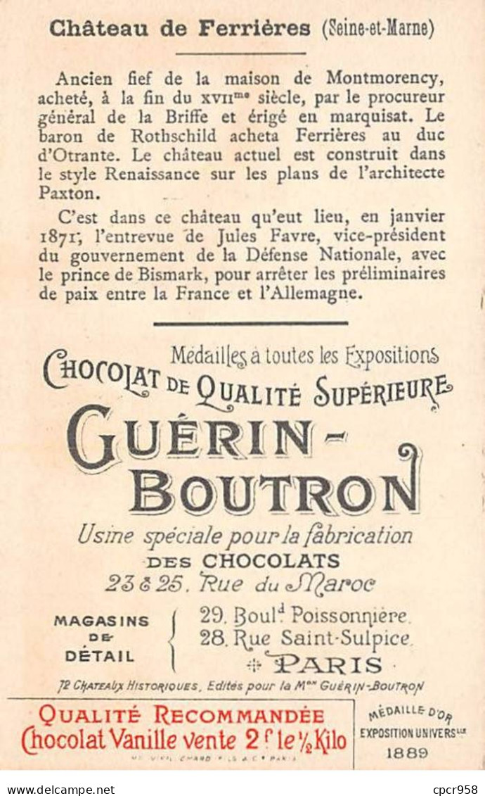 Chromos -COR12045 - Chocolat Guérin-Boutron - Château De Ferrières - Seine-et-Marne - 6x11cm Env. - Guérin-Boutron