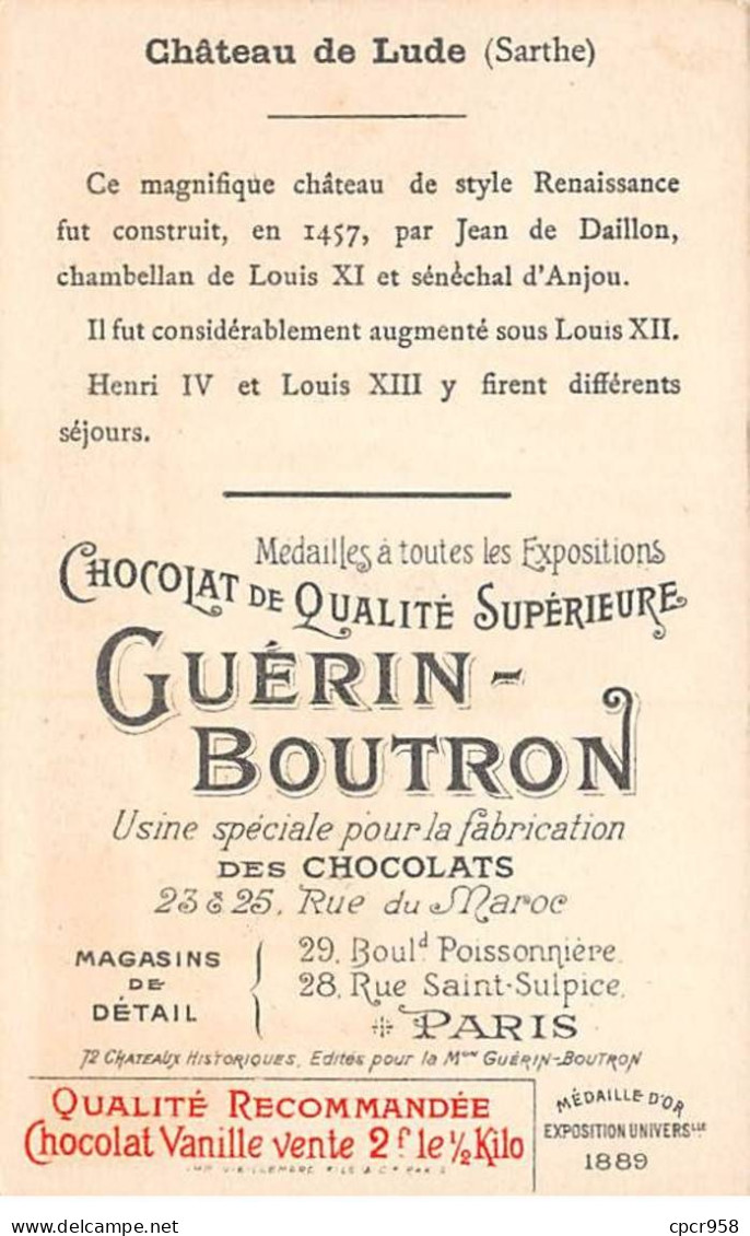 Chromos -COR12044 - Chocolat Guérin-Boutron - Château De Lude - Sarthe - 6x11cm Env. - Guerin Boutron