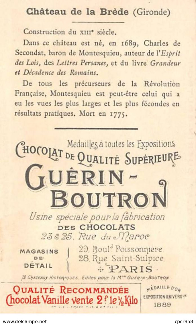 Chromos -COR12037 - Chocolat Guérin-Boutron - Château De La Brède - Gironde - 6x11cm Env. - Guerin Boutron