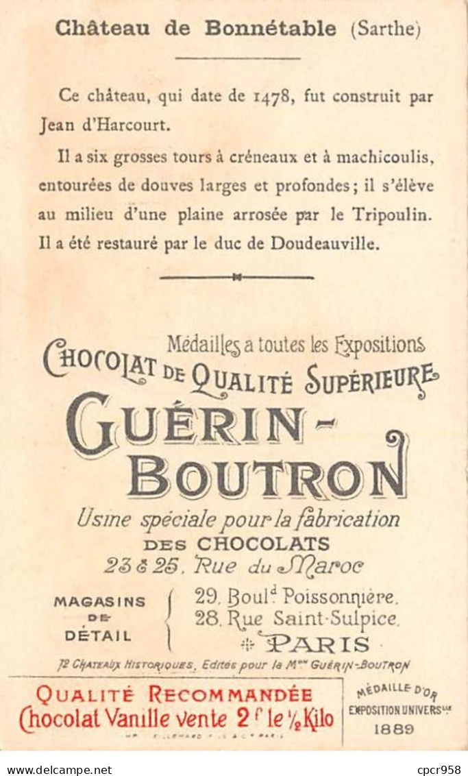 Chromos -COR12058 - Chocolat Guérin-Boutron - Château De Bonnétable - Sarthe - 6x11cm Env. - Guérin-Boutron