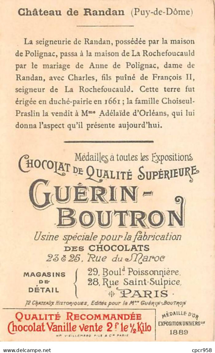 Chromos -COR12029 - Chocolat Guérin-Boutron - Château De Randan - Puy-de-Dôme - 6x11cm Env. - Guerin Boutron