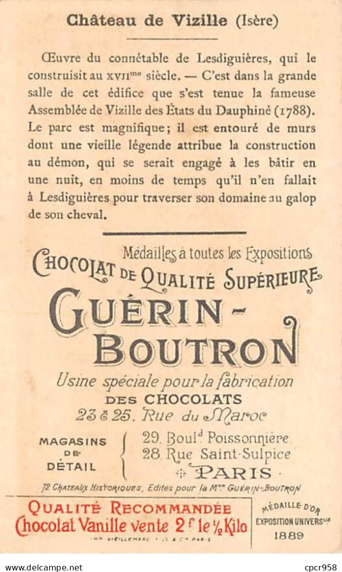 Chromos -COR12022 - Chocolat Guérin-Boutron - Château De Vizille - 6x11cm Env. - Guerin Boutron