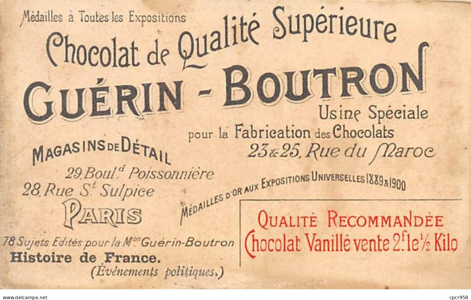Chromos -COR11819 - Chocolat Guérin-Boutron - Thiers - Chambre - Hommes -  6x10cm Env. - Guerin Boutron