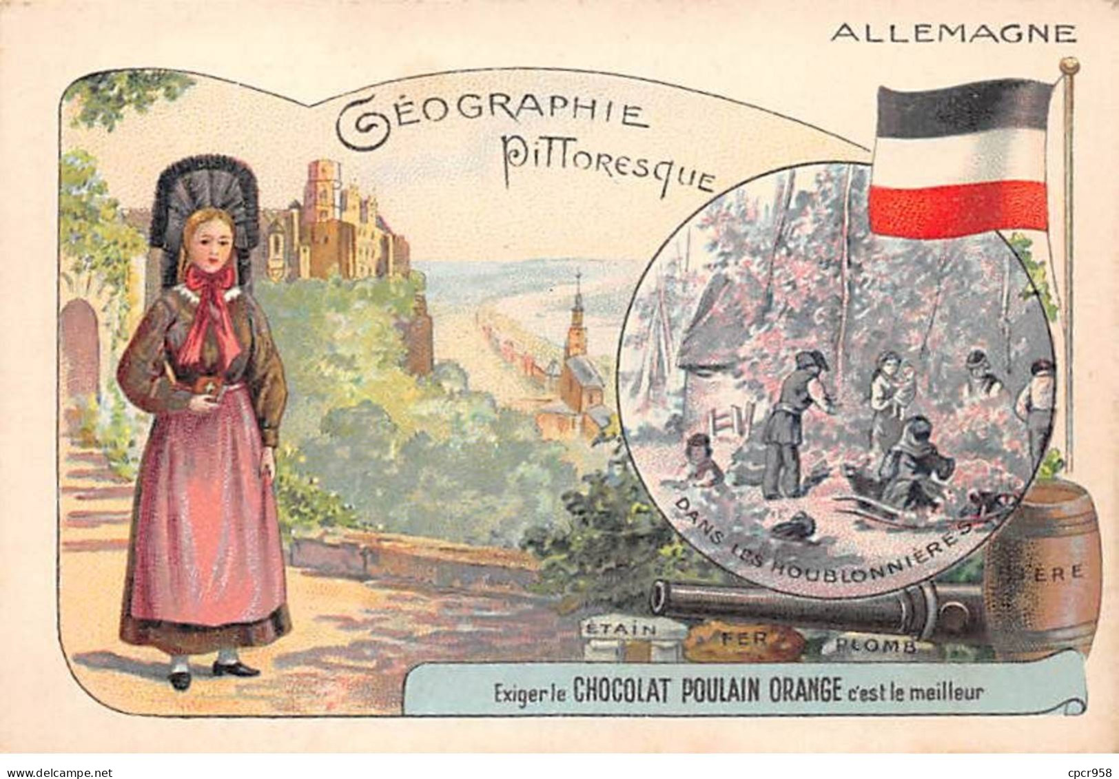 Chromos -COR11813 - Chocolat Poulain Orange - Géographie Pittoresque - Allemagne - Houblonnières - Femme -  7x10cm Env. - Poulain