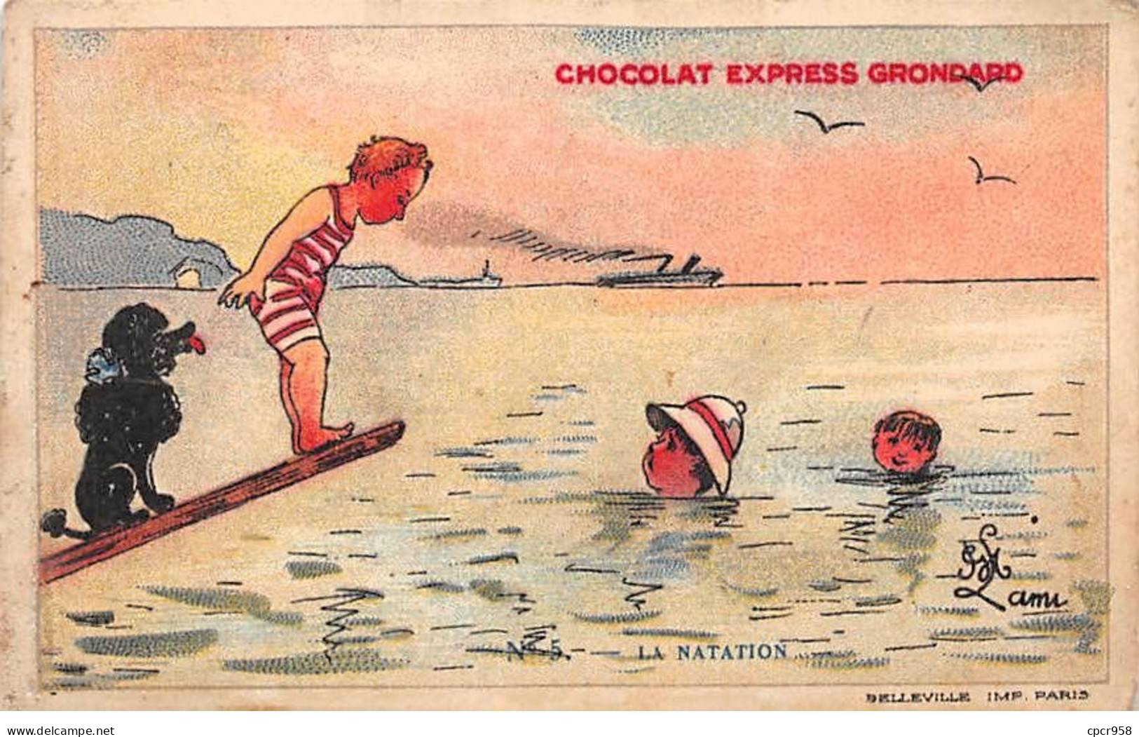 Chromos -COR11783 - Chocolat Grondard - Enfants - Chien - Plongeon - Mer   -  7x11cm Env. - Autres & Non Classés