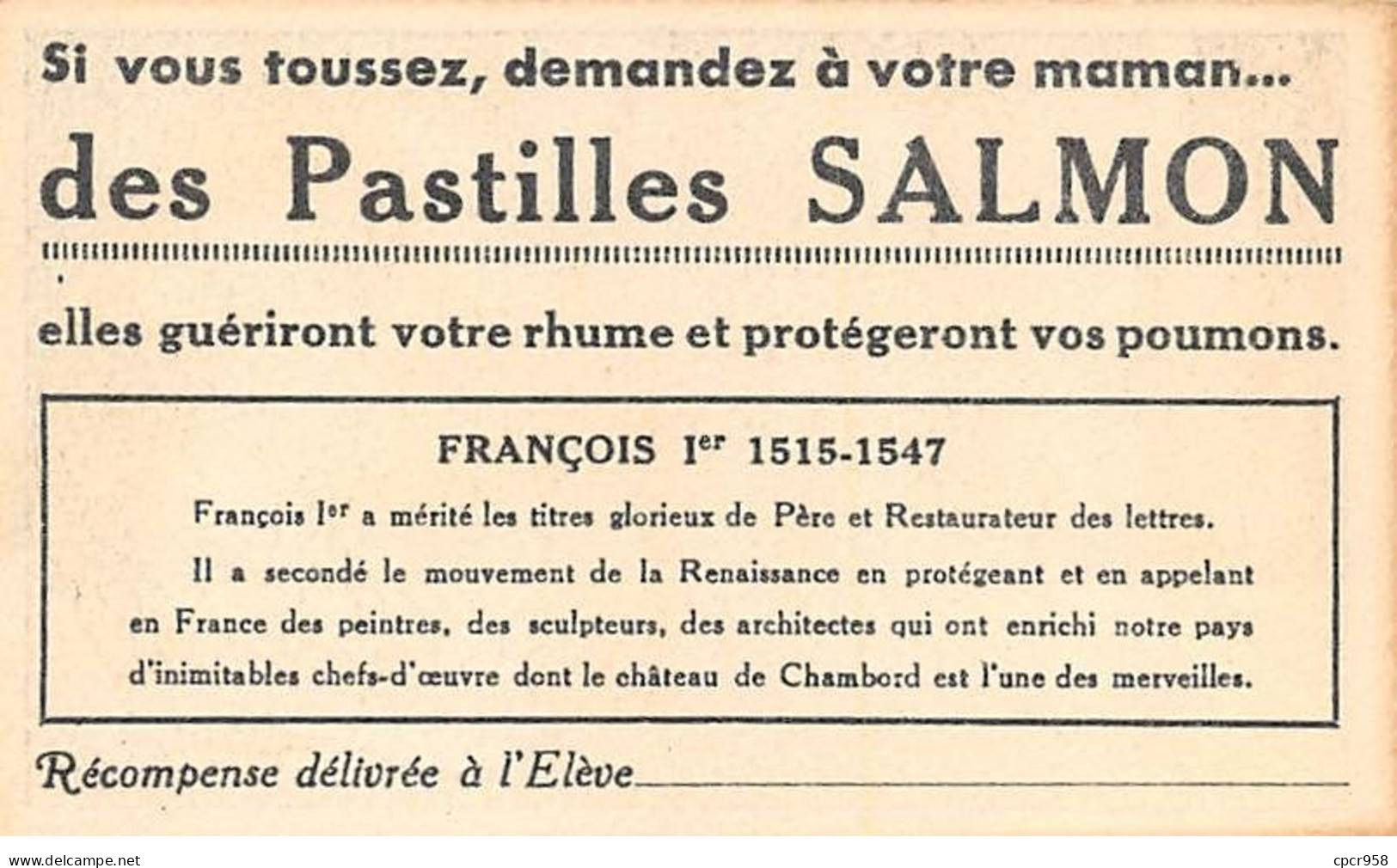 Chromos -COR11971 - Pastilles SALMON -  François Ier - Hommes - Femmes - Château -  6x10cm Env. - Sonstige & Ohne Zuordnung