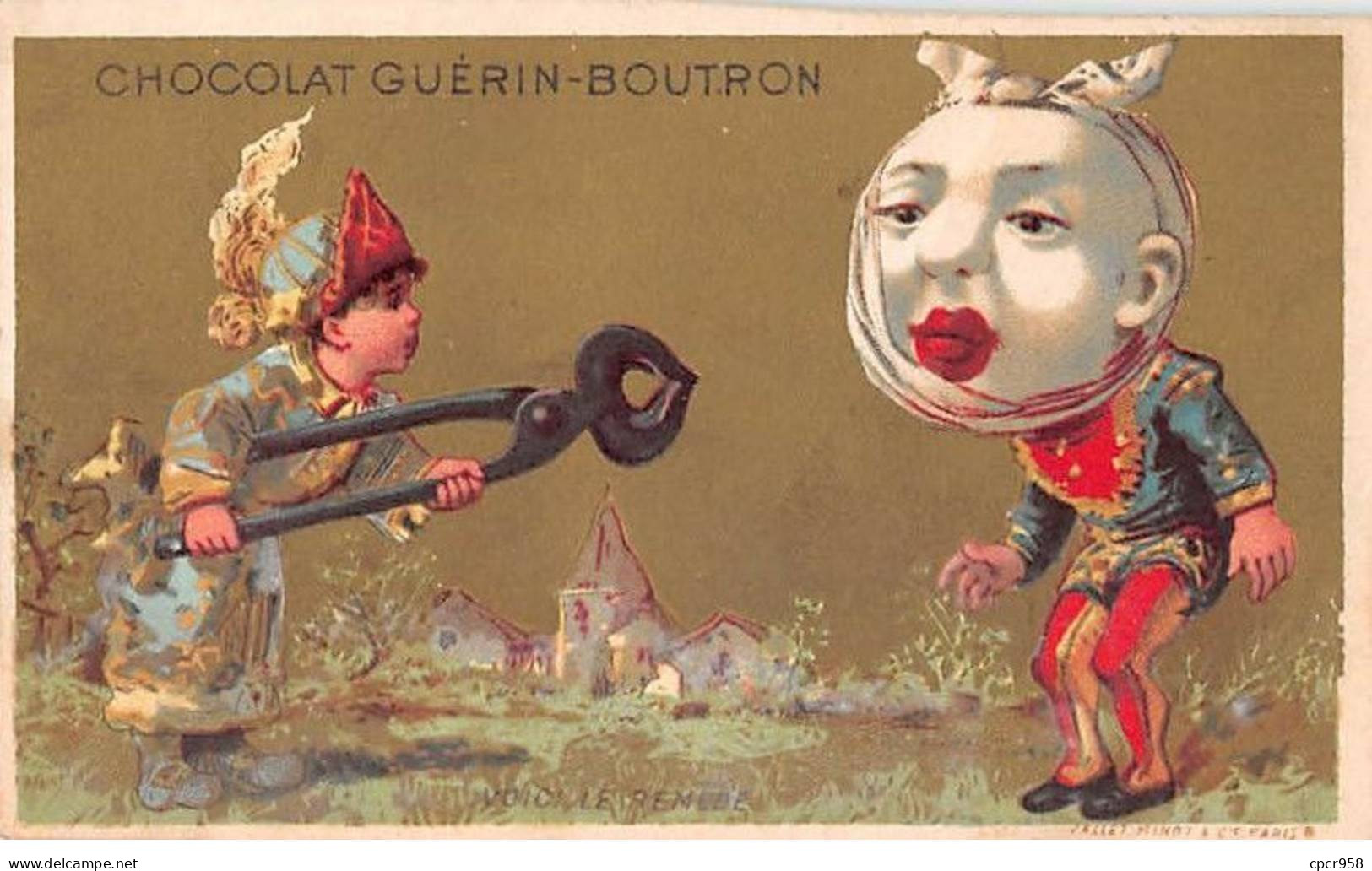 Chromos -COR11930 - Chocolat Guérin-Boutron - Femme - Clown - Fond Or -  6x10cm Env. - Guerin Boutron