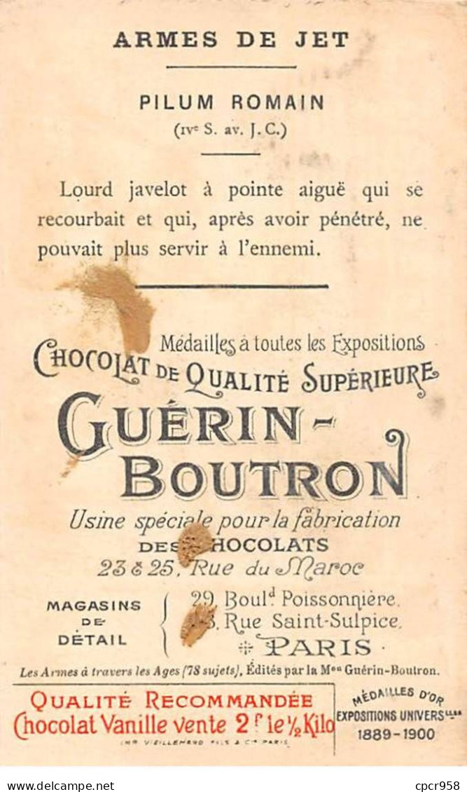 Chromos -COR11929 - Chocolat Guérin-Boutron - Armes De Jet - Pilum Romain- Hommes -  6x10cm Env. - Guérin-Boutron